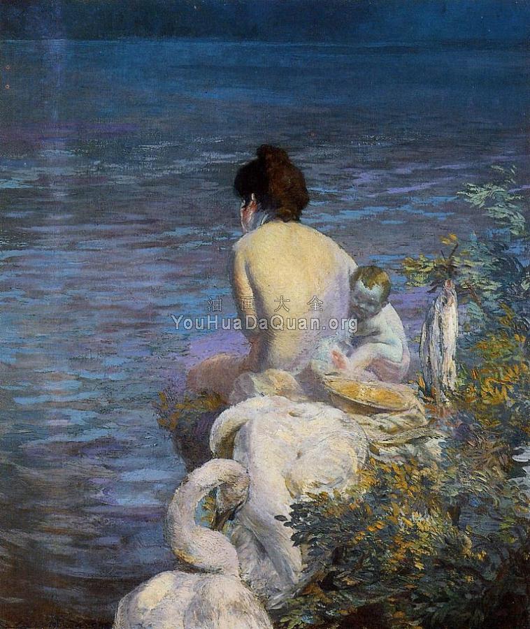 Bather with Child and Swan by the Sea - 保罗·艾伯特·贝纳尔